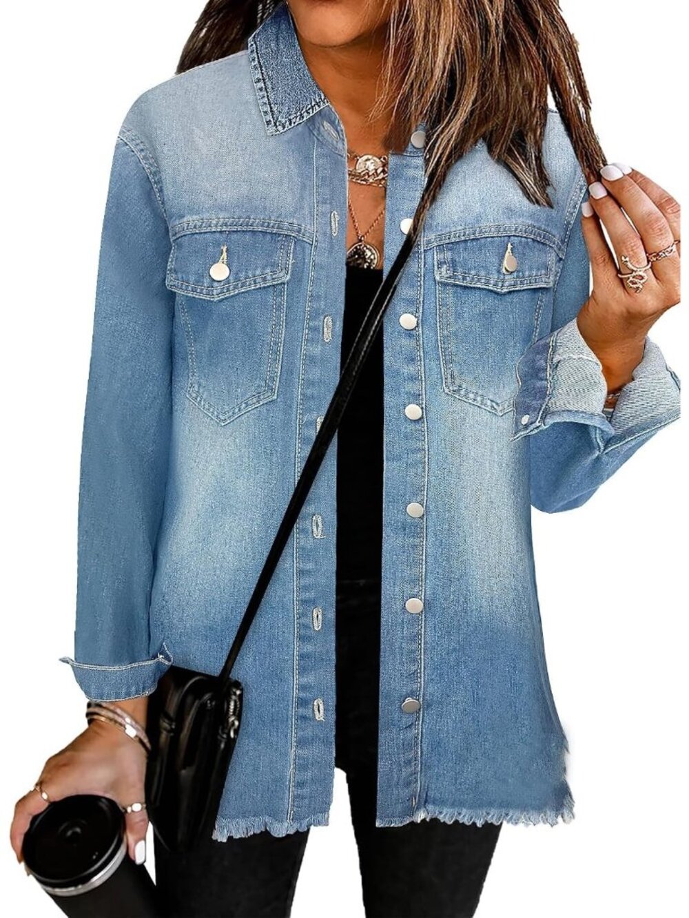 Women’s Blue Sky Long Sleeve Style Button Front Oversized Casual Jean Jacket